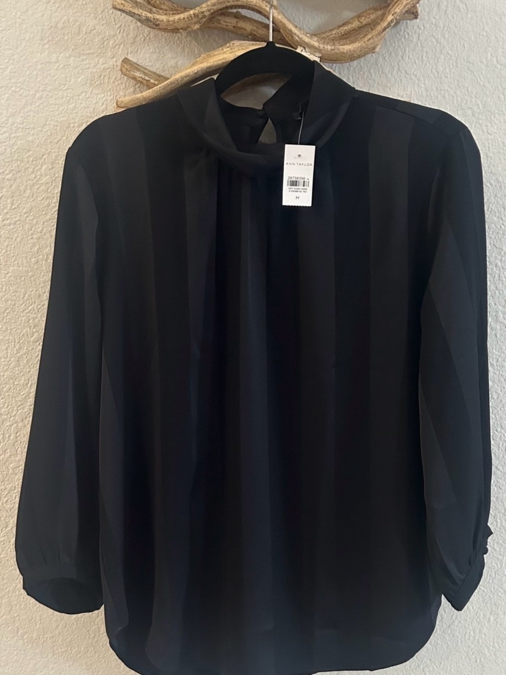NWT Ann Taylor Black Striped Mock Neck Blouse 3/4 sleeve